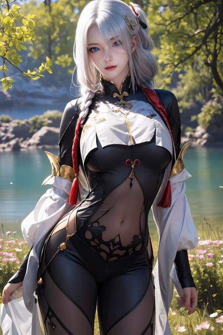 shen shen,1girl,white hair,blue eyes,hair ornament,bodysuit,breast curtain,clothing cutout,