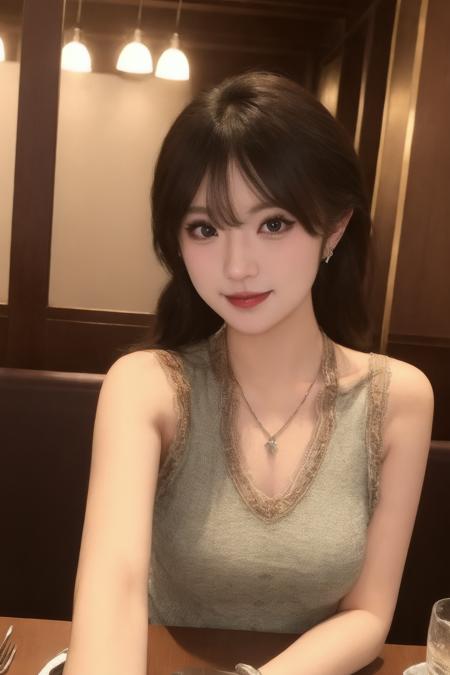 1girl, high quality,  looking at viewer, upper body, skin tight, tank top, parted lips, blush, v-neck, sleeveless,  necklace, earrings, table, thin, lace trim, restaurant, pov, fingers, pointing at self, 
<lora:s1xbabe_v3:0.68>