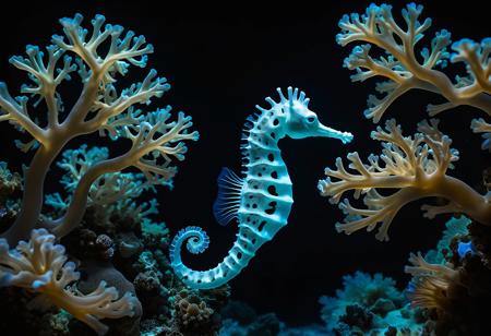 Underwater photograph of a white bioluminescent glowing coral reef at night, silhouette of a sea horse hidden in the dark