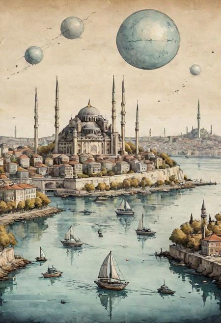 ink illustration, on parchment, ink splashes, ink stains, ink smears, faded ink, (futuristic:1.5), panoramic view of the istanbul, standing on istanbul bosphorus, mentixis, linquivera