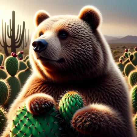 "A highly detailed, high-resolution digital painting of a large, fluffy brown bear holding a prickly pear fruit carefully in its massive paws. The bear's fur is thick and textured, with soft lighting accentuating its natural colors. Its expression is one of concern, eyes wide and eyebrows slightly raised as it hesitates to take a bite, worried about the tiny spines on the fruit. The background is a warm desert landscape, with cacti and soft golden light from the setting sun. The art style is semi-realistic with intricate fur detailing and natural lighting that enhances the atmosphere."