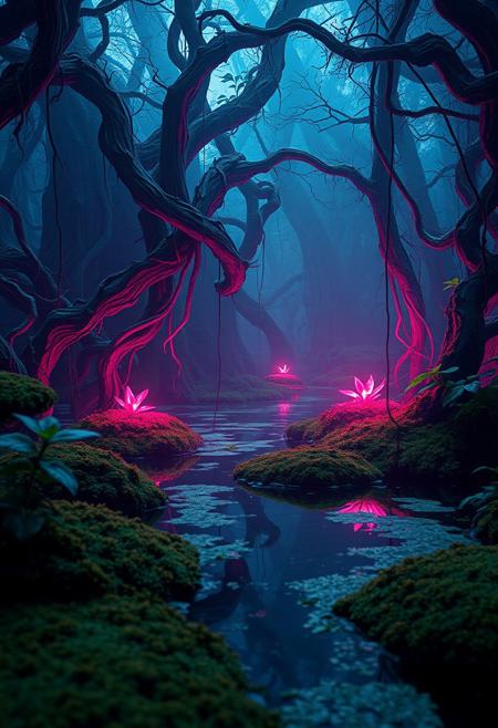 (low quality:-1.2), stark swamp lighting, minimal details, saturated hues, psychedelic tones, multichromatic colors, brutal edges, rigid structure, (polished:-1.3), (noisy:-1.1), (emphasis on sharp geometric forms:1.6), exaggerated features, (overloaded multichromatic colors:1.6), interlocking vines, intricate fractal structures, dystopian vibe, infinite geometry in foliage, (disjointed anatomy:-1.3), unsettling, (bad composition:-1.3), high resolution, vibrant, fractured geometry, fragmented reflections in water, recursive shapes in the landscape, (ugly:-1.3), intersecting planes of water and plants, (smooth surfaces:-1.4), sharp and angular shapes, primal aesthetic, raw, sculptural appearance, unrefined textures, (blurry:-1.2),ruby, fractal patterns in moss, (soft lighting:-1.2), neon glow from bio-luminescent plants, photorealism, (cartoonish:-1.1), (overly ornate:-1.5), swamp, geometric forms