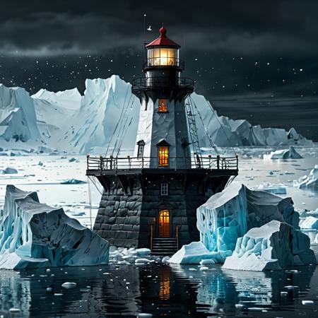 <(((light house, floating ice, arctic)), cloudy, ((dark theme)), (masterpiece),((ultra-detailed)), (highly detailed CG illustration),(expressionless), (best quality:1.2), High quality texture, intricate details, detailed texture, High quality shadow, Cinematic Light, Depth of field, light source contrast, perspective,20s, ):1.0>,
<(detailed image, deep color, fantastical, intricate detail, splash screen, complementary colors, fantasy concept art, 8k resolution :0.9>,
<lora:add-detail-xl:1>,
<lora:xl_more_art-full_v1:1>