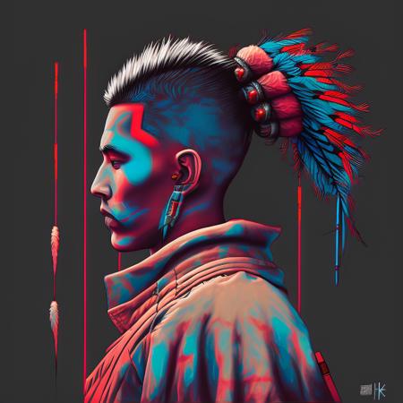 a close-up digital photograph of a man with a mohawk and a feather on his head and a black background with a red and blue pattern, art by flonixsdviewv3