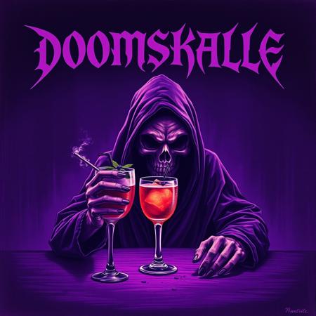 Typical black metal logo spelling DOOMSKALLE in top section, under it is The Grim Reaper drinking a tropical cocktail drink, surrounded by subtle dust and decay. The scene is lit with a deep purple duotone color scheme, casting moody, heavy shadows. The texture is gritty and raw, evoking a dark and psychedelic stoner doom metal atmosphere. The background is dark and minimal, emphasizing the skull and table, with faint hints of smoke or mist swirling in the air. The lighting is dramatic and harsh, creating a brooding, vintage poster-like aesthetic with a grainy, analog feel.