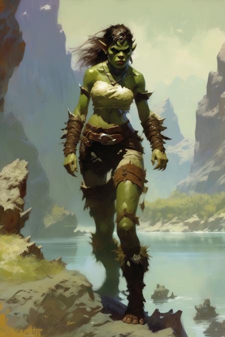 <lora:Craig Mullins Style:1>Craig Mullins Style - Young female orc adventurer emerging from a lakeshore, done in the art style of Frank Frazetta