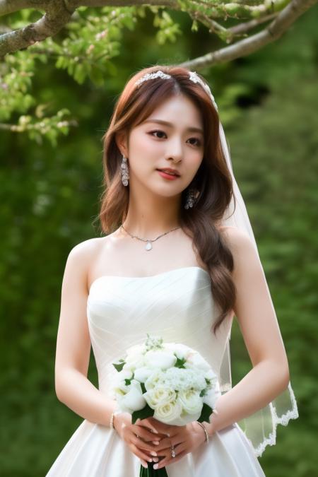 <lora:fromisNagyung:1>,Nagyung ,(close-up photo:1.5),(pov:1.1),korean, woman, complex 3d render ultra detailed, full body, portrait of beautiful women, looking over spruce forest, curtain bangs hair style, moody portrait, striking features, beauty, intricate details, dramatic composition, tension, wispy hair, contrast, texture, realism, high-quality rendering, stunning art, high quality, film grain, Fujifilm XT3,swirly bokeh,(realistic, photo-realistic:1.4),RAW photo,physically-based rendering,(looking at camera:1.5),(looking at viewer:1.2),perfect eyes,(8k, best quality, masterpiece:1.2),(full body shot:1.1),octane render,extremely detailed CG, unity 8k wallpaper,studio soft light, rim ligh,in forest,sunlight,standing,(a girl is wearing wedding dress:1.5),hyper realistic detail shiny skin,ultra detailed,(ultra realistic:1.5),(intricate:1.2),(photorealistic:1.4),1girl,(skinny:1.3),detailed background ,smile