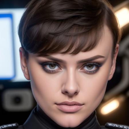 <lora:RNR-Emily:0.7> RNR-Emily, closeup photo of a 18yo slim girl,wearing black white police uniform,in a laboratory, perfect brown iris,short hair,powerful,lips parted,looking at camera,at night,photorealistic,extreemly detailed,intricate,HDR, 8k,hyper realistic,cinematic lighting,photography