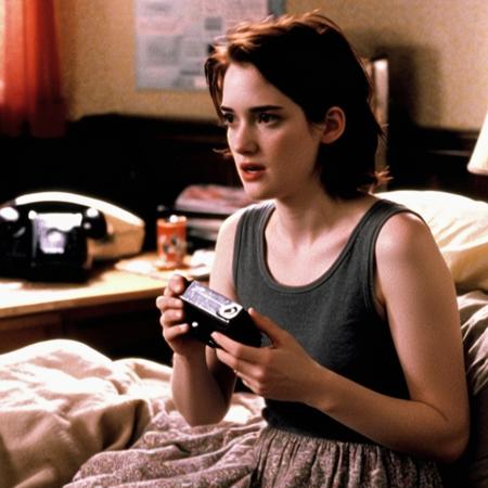 <lora:Winona Ryder (90s) SDXL - Trigger is Winona Person :1>, , Film scene showcasing winona person , in a teen's bedroom plastered with 90s band posters, illuminated by a lava lamp, taken in a close-up, portraying intimate teenage confessions.Film scene starring winona person , at a 90s rave party, under strobe lights and lasers, shot from a ground level, encapsulating the wild party scene. | Movie sequence where winona Person's pillow becomes a social media influencer, leading to hilarious internet fame challenges. | winona Person discovers a vintage radio that communicates messages from parallel universes  | Film sequence with winona Person, desperately trying to tame a flock of flying spaghetti monsters in the middle of Rome, emphasizing the comedic blending of myth and reality.