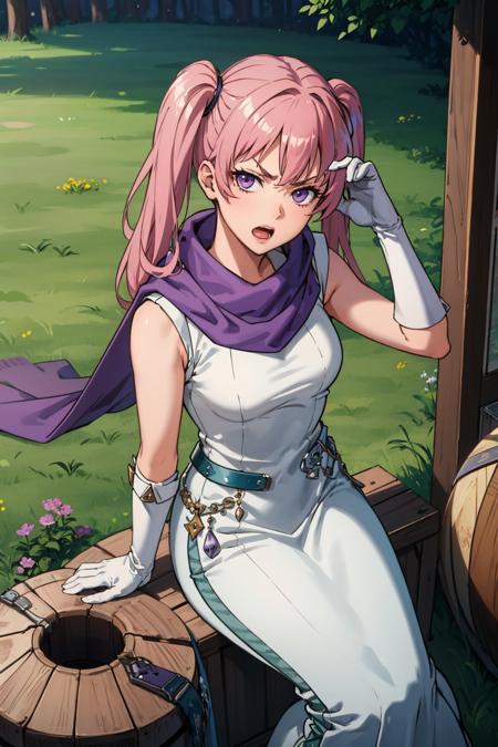 masterpiece, best quality, serra, purple eyes, long white dress, sleeveless, elbow gloves, purple scarf, belt, sitting, from above, furrowed brow, annoyed, open mouth, hand up, looking at viewer, field, barrels, caravan <lora:serra-nvwls-v2-000010:0.9>