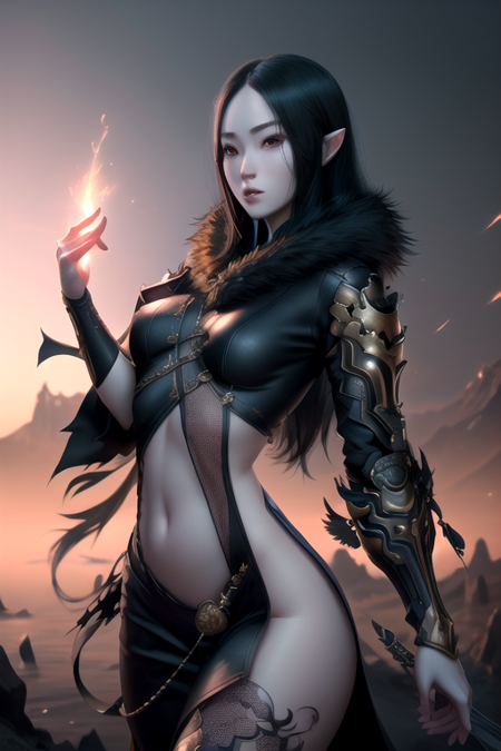 <lora:jinsoyunV4:0.6>jinsoyun, 1girl, solo, long hair, black hair, pointy ears, pale skin ,(realistic:1.2), (realism), (masterpiece:1.2), (best quality), (ultra detailed), (8k, 4k, intricate),(full-body-shot:1), (85mm),light particles, lighting, (highly detailed:1.2),(detailed face:1.2), (gradients), sfw, colorful,(detailed eyes:1.2)(detailed background),detailed landscape, (dynamic angle:1.2), (dynamic pose:1.2), (rule of third_composition:1.3), (Line of action:1.2)