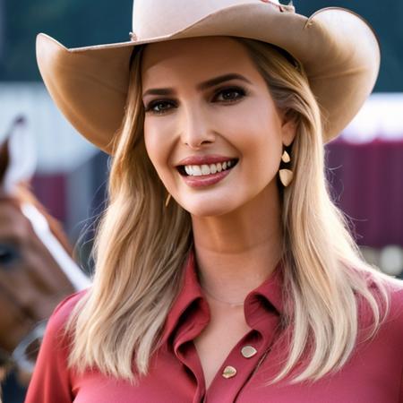 bdsm close up, beautiful smiling ivnktrmp woman posing as a hot  cowgirl  , wearing hat ,  tie front crop shirt , photo referenced, highest quality, high quality, (detailed face and eyes), dusk lighting, horses in the background