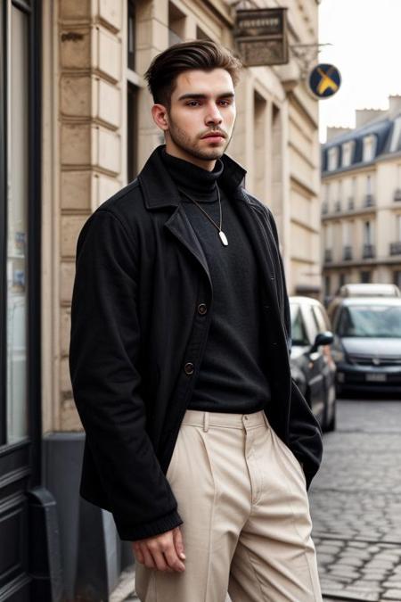 raw photo, (tall 27 year old man:1.1) fashion necklace, fashion earrings, realistic skin texture, (red:0.8), warm lighting, cosy atmosphere, instagram style, daytime shot in Paris France, 4k, nsfw, looking seductively at camera, beautiful hands and fingers, bokeh, wearing retro 80s-inspired outfit with neon colors and bold patterns