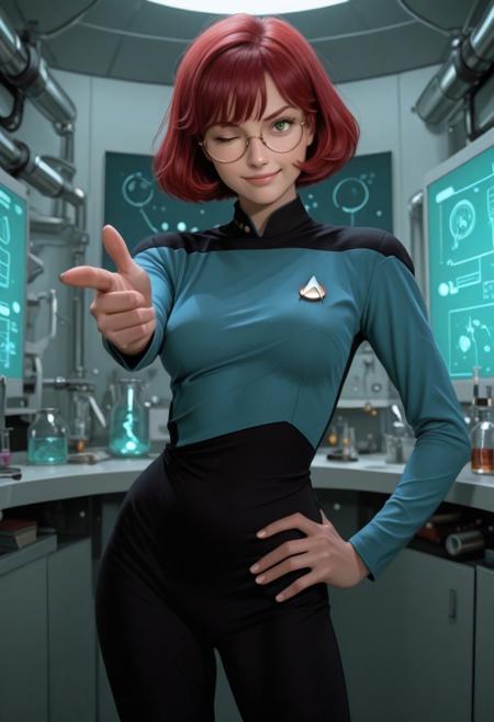 solo, 1girl, short hair, red hair, green eyes, wink, one eye closed, round glasses, smirk, blue TNG uniform, medium breasts, hand on hip, finger gun at viewer, laboratory background, high_quality, highres, detailed_eyes, beautiful, detailed, masterpiece, best quality, absurdres, 8k, HDR, 