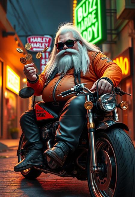 Buzz Daddy is a larger-than-life character with a Harley biker edge. His chubby, bulky build contrasts with his rugged style—dressed in a leather-studded corporate tracksuit with psychedelic accents, and a standout orange piece reading “The Road to Torino.” A buzz coin-shaped yogurt buckle and long, straight white hair complete his look. His thick, bushy Harley-style mustache and beard add a tough, custom flair, while his Ray-Ban Wayfarer goggles reflect the electric glow of neon signs. Buzz Daddy mischievously tosses stacks of Buzz coins, embracing his rebellious energy.
In this Harley custom scene, Buzz Daddy sits atop a roaring, custom Harley motorcycle, with the open road around him. The gritty alleyway setting is bathed in neon lights, adding to the vibe of freedom and adventure. His name, “Buzz Daddy,” is emblazoned in bold cinematic lettering on the side of his bike or a nearby glowing billboard, blending digital art with biker culture. The composition is surreal and playful, reflecting Buzz Daddy’s meme-driven persona, amplified by artistic influences from aidmafluxpro1.1, aidmaMJ6.1, and aidmahyperrealism, creating an unforgettable visual of his larger-than-life presence.
