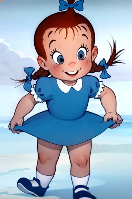 laudrey, 1girl, dress, solo, brown hair, bow, hair bow, blue dress, child, smile, short sleeves, socks, shoes, short hair, twin braids, puffy sleeves ,looking at viewer, standing,   <lora:Audrey1.0:0.7>