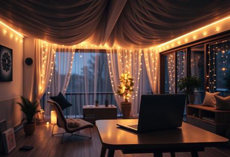 home office with laptop background cozy aesthetic overhead, Elegant soft ambient lighting, plush velvet glowing, fairy lights, midnight blue, warm wooden decking, sleek modern design, cozy stylish muted color palette, atmospheric, exquisite detailing, hyper-realistic, 8k resolution, photorealistic rendering, masterpiece quality