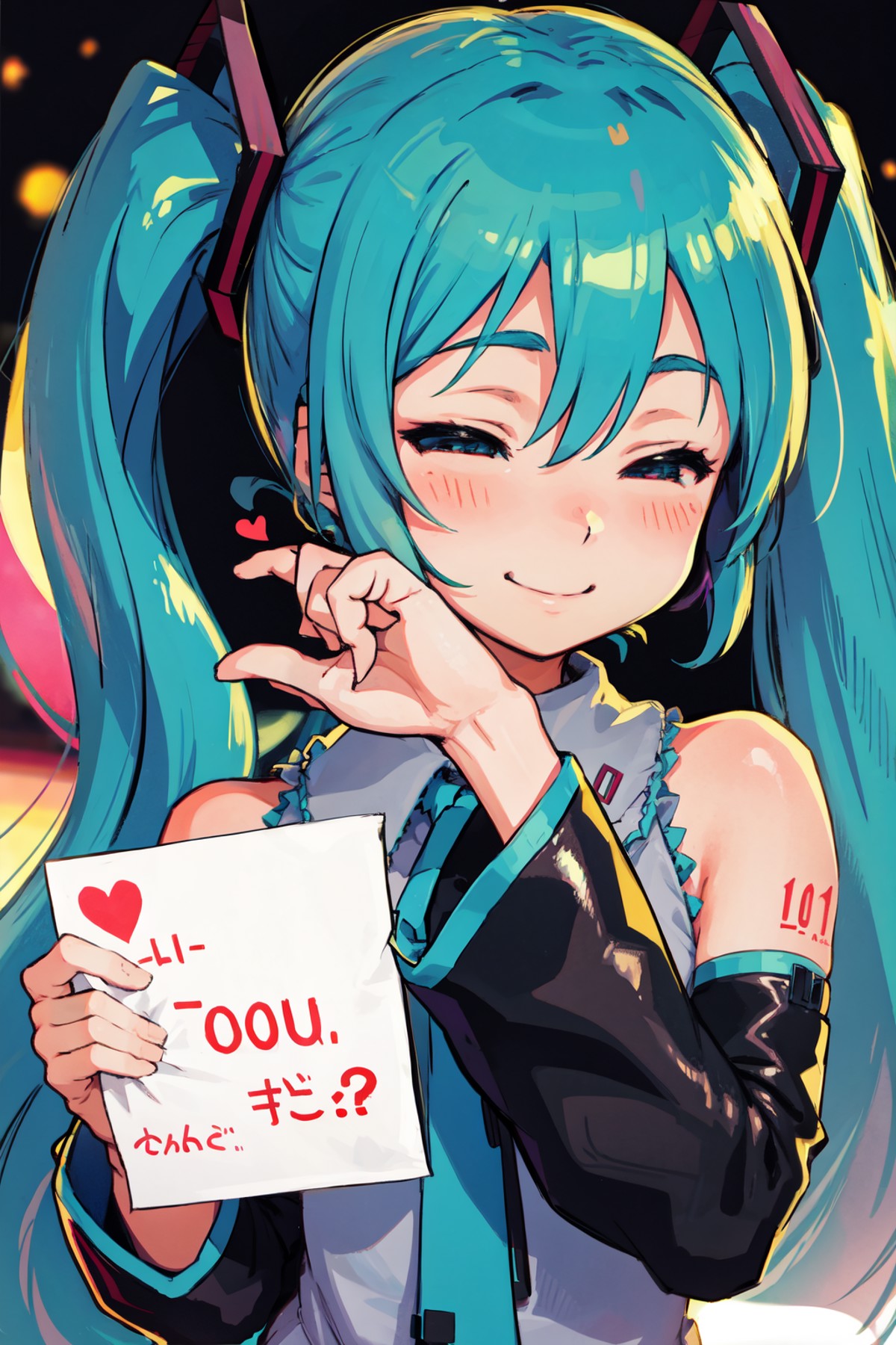 detailed background, masterpiece, best quality, mksks style, 1girl, hatsune miku, holding sign, hearts, heart, depth of fi...