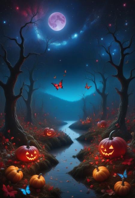masterpiece, best quality, mysterious dark enchanting forest with ((halloween pumpkins:1.2)) and ((colorful butterflies:1.4)) leaving a trail of magical pixie dust behind, a crystal clear lake shredded in a fog and a an ethereal glow at night with a ((galaxy sky embrodeiry and red moon:1.3)), 8k, masterpiece, best quality, vivid colors, 32 bit colors, high texture resolution, soft lighting, epic, dark fantasy style, breathtaking, visually impressive, stunning composition, mesmerizing, hypperrealistic, digital art, trending at artstation
