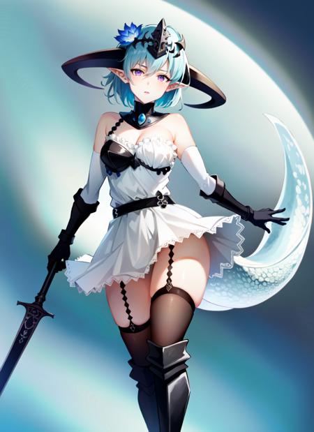 a beautiful masterpiece picture of a girl holding a weapon and glaring at the viewer, low angle,  1girl, standing, full body, on toes, holding, holding weapon, polearm, ((glaring)),  water drop, 1girl, garter straps, pointy ears, short hair, tail, (dragon tail), (ice tail), (her dragon tail is attached to her lower back), her tail is see-through, see-through transparent tail,  long tail, gauntlets, thighhighs,  short dress, white dress, dress, dragon girl, breasts, boots, blue flower, full body, ice, small breasts, elbow gloves, hair flower, hair between eyes, strapless, strapless dress, gloves, flower, purple eyes, bare shoulders, white skirt, headpiece, ((detached collar)),  hair ornament, bangs, thigh boots, knee boots, standing, armored boots, high heel boots, black legwear, circlet, horns, dragon horns,  arm guards, sidelocks, frills, frilled dress, belt, detached sleeves, light blue hair, ((single strap)), asymmetrical breastplate, cardiophylax, armor, black armor over one breast,  [[backless outfit]],  single garter strap, vambraces, tiara, thighhighs under boots,

zettai ryouiki, 

(ultra-detailed,  detailed clothing, intricate clothing, masterpiece,  highres, absurdres, best quality, detailed face, nose, beautiful face, accurate face, realistic face, cute face, stylized, illustration, perfect face,  cygames, realistic eyes, , wide hips, , empty eyes, high quality, realistic, textured,:1.2)


 (detailed eyes, expressive eyes, detailed face, expressive face), nose, thigh gap, 

<lora:FileneLoraOut:1.0>, outdoors, sky in background,  ((from behind)),