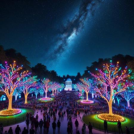 LED, colorful LED lights, trees decorated with colorful LED lights, City Park, people around the place, detailed background, detailed texture, Night sky.
