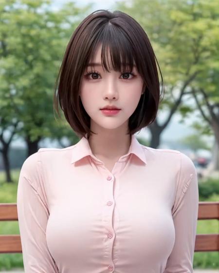 pureerosface_v1, best quality, photorealistic, 8k, high res, full color, 1girl, woman, 20 years old woman, (closed mouth:1.73), (skindentation), (portrait:0.6), trees, park bench, daylight, ((park background:1.52)), full color, ((pinkbuttonedshirt:1.58)), looking at viewer:1.8, (1girl eyes looking at viewer:1.55), (medium hair, brownhair, partedbangs:1.45), (bokeh), <lora:AAG-qian:0.69>