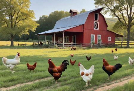 chickens in a field, vintage red farmhouse, big rustic antique farmhouse