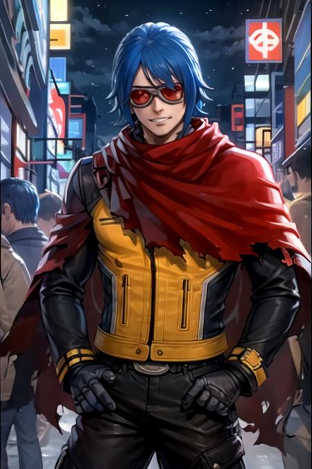 <lora:KrohnenMcdougall-09:0.7> ,k9999, looking at viewer, smile, gloves, 1boy, blue hair, male focus, solo focus, belt, pants, cape, grin, hand on hip, torn clothes, night, black pants, sunglasses, science fiction, city, tinted eyewear