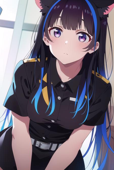 mini yaemori, long hair, bangs, black hair, blue hair, (purple eyes:1.1), multicolored hair, blunt bangs, streaked hair, ahoge, shirt, white shirt, short sleeves, clothes writing, skirt, shirt, animal ears, short sleeves, collared shirt, belt, cat ears, black skirt, uniform, animal ear fluff, parody, blue shirt, pencil skirt, black belt, police, police uniform,