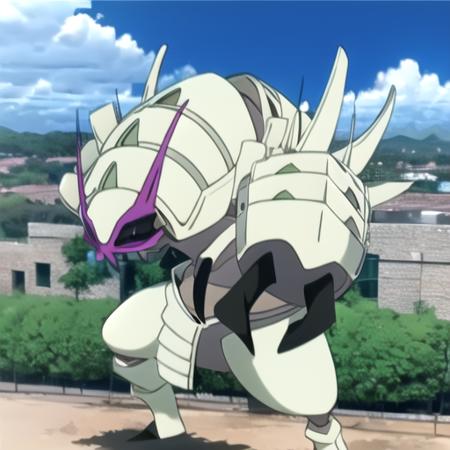 golisopod, arms up, full body, legs apart, looking away, jumping, anime, outdoors, building, concrete, sky