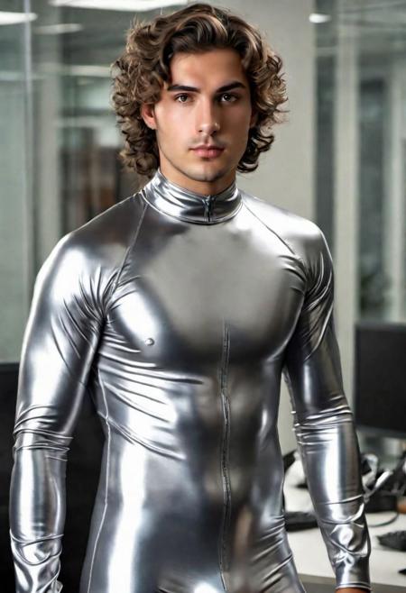a photo-realistic 23-year-old italian male with wavy hair, man, confused face, wearing a skin tight silver  rubber catsuit with gray details, wearing a skin tight silver rubber shorts, inside a office, soldier posture, dominant posture, looking at viewer, symmetrical eyes, fine details best quality, hyperdetailed face, photorealistic, highest quality, best shadow, high contrast, character design, moody, film grain, dark, highly detailed. photography, professional, 4k, 8k HD, highly detailed, professional, photography, detailed skin, detailed rubbber texture, realistic, photo-realistic, 8k, highly detailed, full length frame, High detail RAW color art, diffused soft lighting, shallow depth of field, sharp focus, hyperrealism, cinematic lighting, RAW candid cinema, 16mm, color graded portra 400 film, remarkable color, ultra realistic, textured skin, remarkable detailed pupils, realistic dull skin noise, visible skin detail, skin fuzz, dry skin, shot with cinematic camera