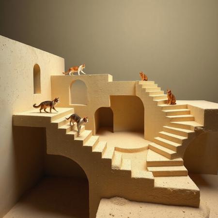 photograph of an impossible construction in the style of M.C. Escher with cats walking on wall sand stairs in multiple direction without gravity