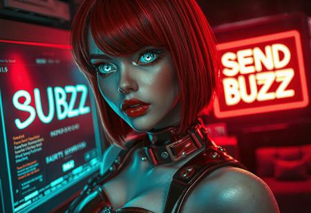 Prompt: score_9, score_8_up, score_7_up, photorealistic, cyberpunk style:0.8, (masterpiece), best quality, 1woman, 25 year old woman, cybernetic girl, (standing on right side of photo, pale white skin, human body, cybernetic arms:0.9, solo, cute round face:0.8, realistic smooth pale white skin:0.9, highly detailed cybernetic blue eyes that glow faintly:0.9,  full pouty lips, parted lips, glossy red lipstick:0.9, bright red hair:0.9, chin length asymmetrical bob haircut with bangs:0.9, hair falling over part of her face covering one eye, portrait, red metallic corset, medium round breasts, cleavage, collarbone, bangs, looking_at_viewer, shoulders at an angle to viewer in classic portrait pose, dark futuristic interior background, neon details in background, inside sci-fi looking apartment, large translucent computer monitor has words “SEND BUZZ”:1.5, 
EyesHD, gradient lips a, glossy lips, shimmery eyeshadow, mascara, winged eyeliner, shimmering eyeshadow, realistic