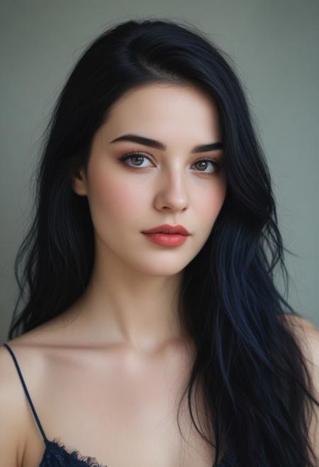 A serene and enigmatic portrait of Elly, a young woman with porcelain skin and raven-black hair that cascades down her back like a waterfall of night. Her eyes, a deep shade of indigo, sparkle with an air of mystery, fringed with thick lashes that add to their allure. A subtle, knowing smile plays on her lips, which are painted a deep crimson, adding a pop of color to the overall composition. The background is a muted, creamy white, providing a soft contrast to Elly's striking features. The overall style is reminiscent of a vintage, film-noir inspired aesthetic, with bold brushstrokes and subtle texture. The frame is ornate, with intricate golden filigree that adds to the sense of luxury and mystique. The entire piece exudes an air of sophistication and intrigue, inviting the viewer to unravel the secrets hidden behind Elly's captivating gaze.
