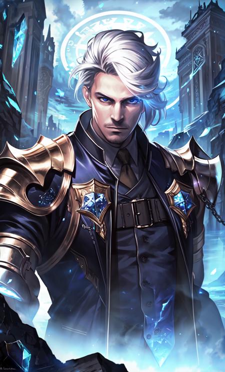 masterpiece,best quality,highres,1boy,<lora:ShadowverseVincentV3:0.75>,old,dark blue suit,armor,floating crystals,rocks,shattered buildings,ruins,fog,magic,runes,aura,looking at viewer,cool face,expressionless