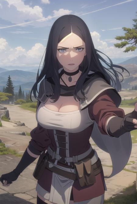 tetragilcrest, <lora:tetra gilcrest-lora-nochekaiser:1>,
tetra gilcrest, long hair, black hair, (grey eyes:1.5),
BREAK gloves, cleavage, boots, choker, belt, pants, fingerless gloves,
BREAK outdoors, forest, nature, grass, trees, sun, sky, clouds,
BREAK looking at viewer, (cowboy shot:1.5),
BREAK <lyco:GoodHands-beta2:1>, (masterpiece:1.2), best quality, high resolution, unity 8k wallpaper, (illustration:0.8), (beautiful detailed eyes:1.6), extremely detailed face, perfect lighting, extremely detailed CG, (perfect hands, perfect anatomy),