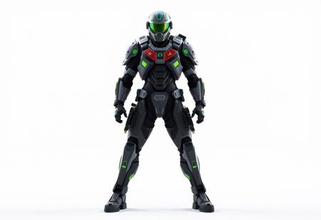 Sci-fi Gadget Soldier in high-tech combat armor, gray with striking green accents and black limbs, red & yellow chest emblem, helmet with green visor, standing ready, arms outstretched, legs slightly spread. Minimal white void background, poised in anticipation. Dynamic pose, cinematic volumetric lighting, Octane Render, Unreal Engine 5, CGSociety, trending on ArtstationHQ. Ultra-detailed, sharp focus, high quality, 4k, impeccable composition, creative angle, golden ratio.