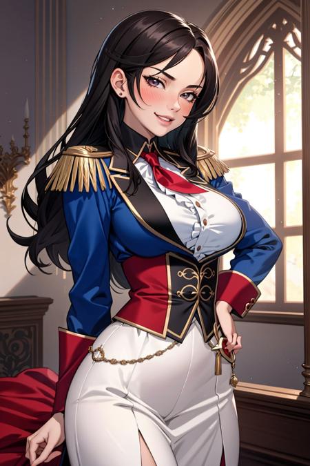 ((Masterpiece, best quality)),edgQuality,smirk,smug,dark hair
edgElegant, 1girl, solo, long hair, breasts, looking at viewer, blush, open mouth, epaulettes,wearing edgElegant
 <lora:edgElegant:1>