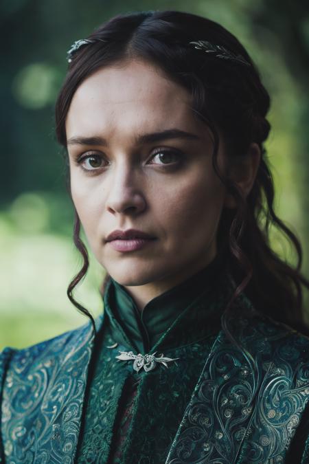 A stunning intricate full color up close face portrait of olc , dressed in a green game of thrones outfit, epic character composition, by ilya kuvshinov, alessio albi, nina masic, sharp focus, natural lighting, subsurface scattering, f2, 35mm,<lyco:OliviaCooke-RealVision-V1.0:1.0>