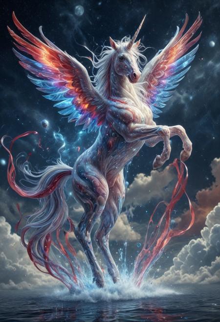 celestial marble unicorn , Made of CosmicStyle, flying through liquid sky, rearing on hind legs, dynamic pose,  clouds melting into ribbons of color, fluid scales shimmering with white blue and red hues, glowing eyes, dynamic wings of flowing liquid, painterly lighting, vast fantasy environment, surreal atmosphere, highly detailed, magical realism, CosmicStyle