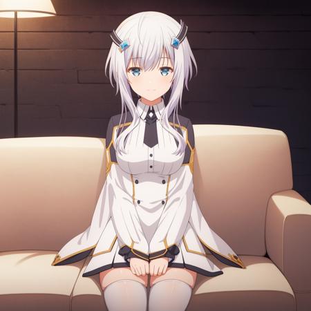 ((masterpiece)),((highres)),((best quality)),((highly detailed)),((extremely detailed CG unity 8k wallpaper)),illustration,Misha Necorn,medium breasts,facing viewer,light smile,sitting,on couch,arms at sides,white thighhighs,