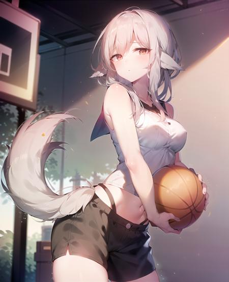 masterpiece, best quality, 1girl, <lora:Velouria V5:1> velouria_fates, wolf girl, two-tone hair, multicolored hair, gray hair, black hair, standing, (basketball uniform:1.3), white sleeveless shirt, black shorts wolf tail, single tail, on a basketball court in the background, basketball hoop in the background, orange basketball