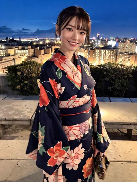 1girl,(japanese clothes, kimono, floral print,  blue kimono,  print kimono,  sash, wide sleeves, obi),(on a hill overlooking a city:1.4),(RAW photo, best quality), (realistic, photo-realistic:1.4), masterpiece, an extremely delicate and beautiful, extremely detailed, 2k wallpaper, Amazing, finely detail, extremely detailed CG unity 8k wallpaper, ultra-detailed, highres, soft light, beautiful detailed girl, extremely detailed eyes and face, beautiful detailed nose, beautiful detailed eyes,cinematic lighting,city lights at night,starry sky,perfect anatomy,slender body,light smile,<lora:Saika_Kawakita_v10:0.8>