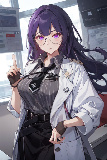 DrMEI, 1girl, solo, long hair, black skirt, large breasts, collared shirt, fingerless gloves, purple eyes, purple hair, glasses, black gloves, white coat, black necktie, sleeves rolled up, labcoat, polo shirt, 