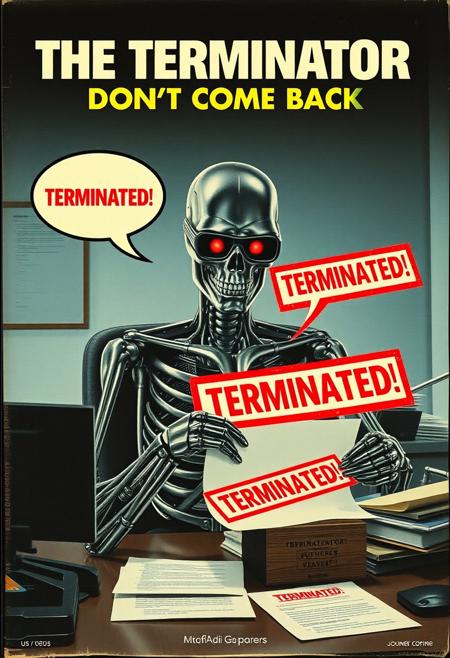 Create a fake B-Movie VHS cover art of a movie called (THE TERMINATOR: DON'T COME BACK) with the title written at the top in the famous Terminator font font, the cover features the iconic Terminator chrome skeleton robot with red glowing eye, but he is sitting behind a office desk in a clean minimalistic 70s office and is wearing ugly glasses as he stamps multiple application papers with a giant red stamp that leaves the word "Terminated!" stamped in red on the papers, he has one big speech bubble that says these exact words ("TERMINATED, TERMINATED, TERMINATED"), dramatic lighting, the cover gives 80s vibes with slightly washed out colors and is despite its silliness very well rendered and extremely detailed.