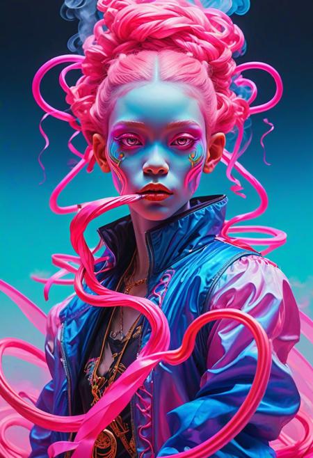 colourful, pink, blue, black, red, trippy psychedelic style Ombre _james jean, floating female figure made of ribbons, smoke, in the sky, colorful and vibrant, mystical colors, contemporary impressionism, yanjun cheng portrait painting, iridescent painting, 3/4 perspective view, cute face, low angle, sweeping circling composition, large beautiful crystal eyes, big irises, UHD, HDR, 8K, (Masterpiece:1. 5), (the most beautiful portrait in the world:1.5) color scheme of neon yellow, neon blue, neon pink, neon green, neon orange, cute weird (alien|gecko) creature DJing (at a rave:1.1)  (giant speakers:1.2) (crowd distant background:1.15) (bokeh volumetric lighting, fog:1.1)  <lora:fx-monsters:(anthropomorphic monkeys, band, 3 monkeys, long dreadlocks, gangsta rapper:1.5), Ethereal fantasy concept art of a Rabbit Mage brewing potions. Dice, magnificent, celestial, ethereal, painterly, epic, majestic, magical, fantasy art, cover art, dreamy, insanely detailed and intricate, hyper maximalist, elegant, hyper realistic, super detailed, vivid colours, ornate, dynamic, articulate, 8K, <lora:3D_Framed_Wall_Art_-_By_DICE:0.6>, (Framed 3D), EPIC, high