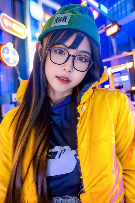 1girl, killjoy \(valorant\), cosplay, valorant, yellow jacket, glasses, gloves, green beanie, solo, upper body, outdoors, noon, streets, sunshine, standing, beautiful face, (cowboy shot), 8k, hdr, ultra highres, masterpiece,(realistic), highly detailed CG unified 8K wallpapers, (HQ skin:1.2),8k uhd, dslr, high quality, beautiful skin, attractive, ultra-high resolution, ultra-realistic, high-definition, close-up, dynamic pose, looking at viewer, <lora:KilljoyCosplay:0.8>,