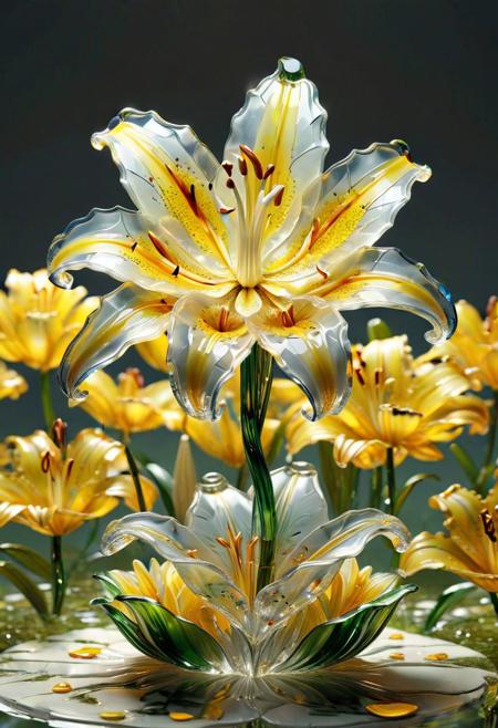 (a glass flower:1.4) (lily inhabited on many levels, ruxing gao, 3 d sculpture of carving marble) sitting on top of a lush yellow field, a photorealistic painting, behance contest winner, closeup fantasy with water magic, clear - petals, radiant early light, beautiful macro close-up imagery, crystal forest, lily flower, stunningly detail artwork, very beautiful photo. Masterpiece, ral-crztlgls