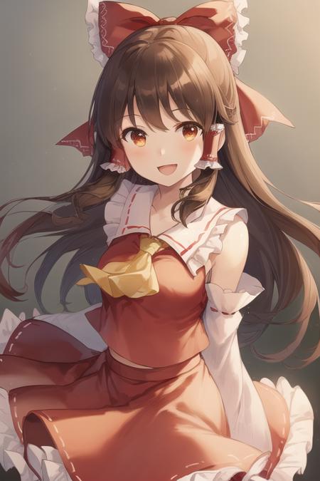 1girl,masterpiece,upper body, best_quality,Hakurei Reimu,brown_eyes,brown_hair,detached_sleeves, frills, hair_bow, hair_tubes, red_bow, red_skirt, ribbon-trimmed_sleeves, ribbon_trim, skirt, open mouth, smile,arms behind back,(perspective: 1.4) <lora:rella-v2-000005:1:1,1,1,1,1,1,1,0,0,0,0,0,1,1,1,1,1>