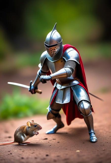 a tiny errant knight riding a mouse to battle, epic photo, action photography, comical and funny, colorful scene,